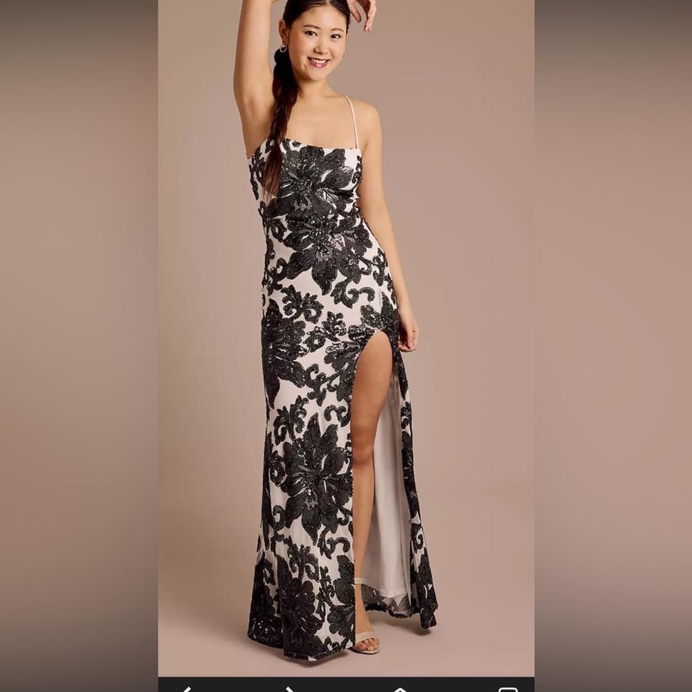 NWT $149 Midnight Doll Black Sequin Floral Gown, Thigh Slit & Lace Up Back  Sz 1